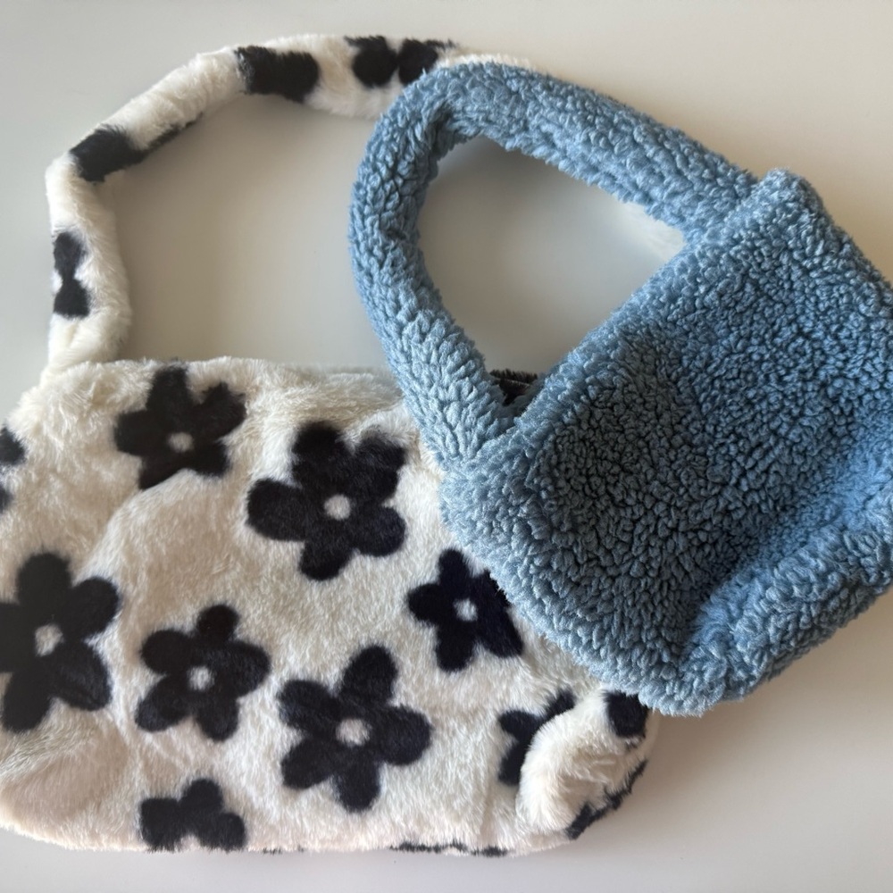 Floral and Blue Plush Handbag Set